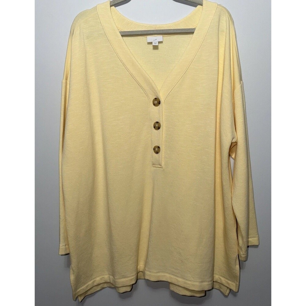 J. Jill Womens 2X Yellow Fleece Henley V-Neck Slub Knit Pullover Top Long Sleeve